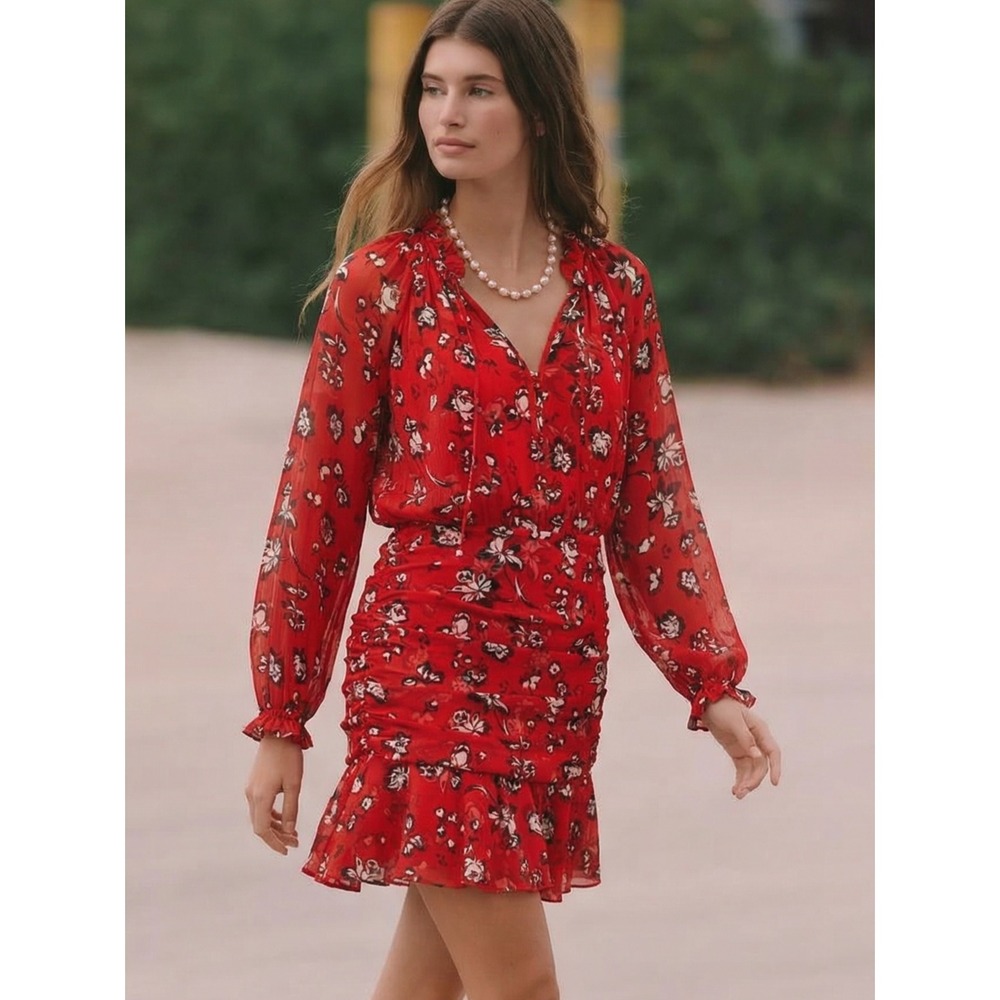 NWT VERONICA BEARD Alena Floral Print Silk Mini Dress Red Ruched Size 00 $595